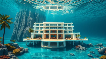 3D render of a modern hotel in the middle of the seaの写真素材