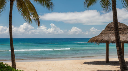 tropical beach with palm trees and straw umbrellas on white sandの写真素材