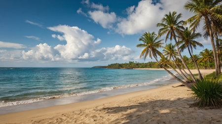 Panoramic view of beautiful tropical beach with palm trees and sandの写真素材
