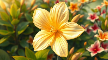 Yellow flower in the garden with green leafs and sunlight background.