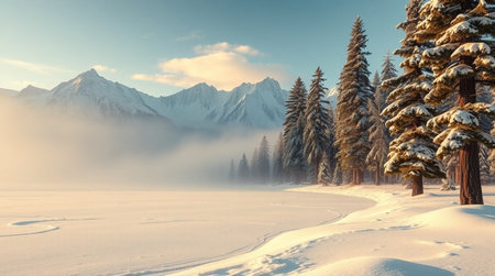 Foggy winter landscape with snow covered fir trees and mountains.の写真素材