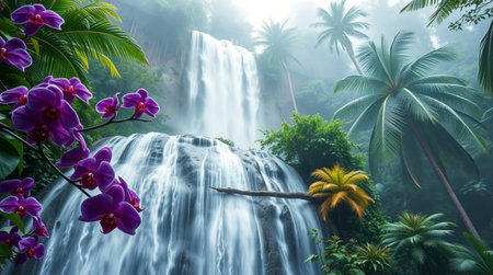 Beautiful waterfall in the tropical forest with orchid flowers and green leavesの写真素材