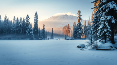 Beautiful winter landscape with frozen lake and snow covered mountains in the backgroundの写真素材
