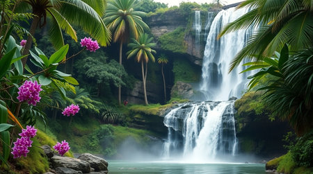 Tropical waterfall with pink orchids in Bali, Indonesiaの写真素材