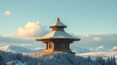 Pavilion in the winter mountains. Panoramic view.の写真素材