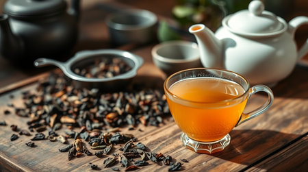 Cup of tea and teapot on wooden table, closeupの写真素材