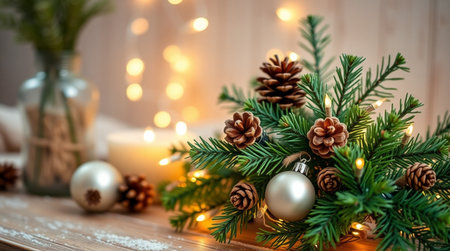 Christmas decoration with fir branches, cones and candles on wooden background.の写真素材