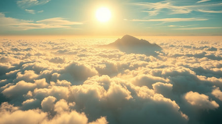 Beautiful aerial view above clouds at sunset. 3d rendering illustration
