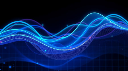 abstract glowing blue wave on a dark background. 3d renderingの写真素材