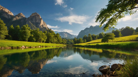 Idyllic summer landscape with lake and mountains in the background.の写真素材