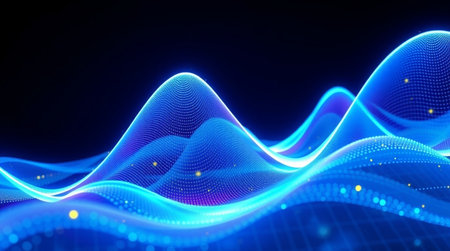 3D illustration of abstract digital wave with particles and bokehの写真素材