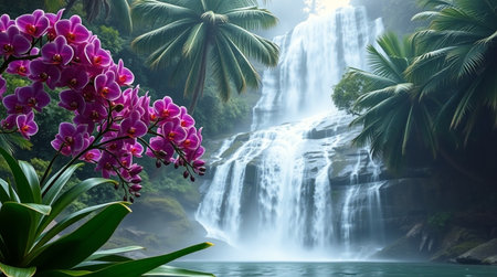 Tropical waterfall with pink orchids and palm leaves.の写真素材