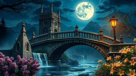 Fantasy landscape with bridge, flowers and night sky with full moonの写真素材