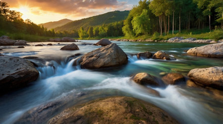 Beautiful mountain river at sunset. Landscape with fast flowing water.