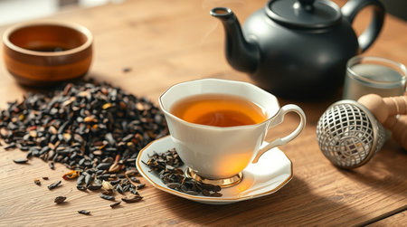 Cup of tea and teapot on wooden table, closeupの写真素材