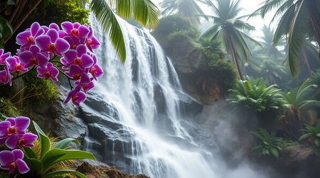 Beautiful waterfall in a tropical forest with pink orchids.の写真素材
