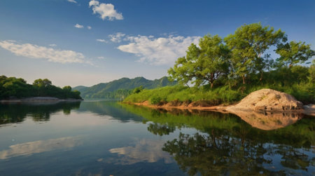 Landscape view of a lake with trees and mountains in the backgroundの写真素材