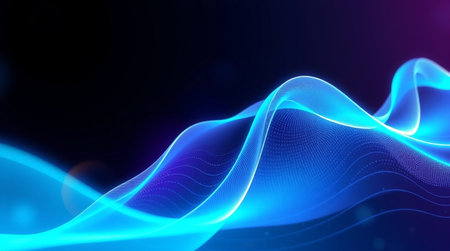 abstract blue wave background with glowing particles, 3d render illustration