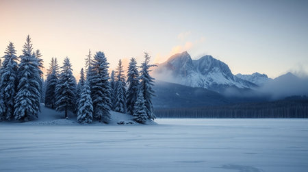 Beautiful winter landscape with frozen lake and mountains in the background.の写真素材