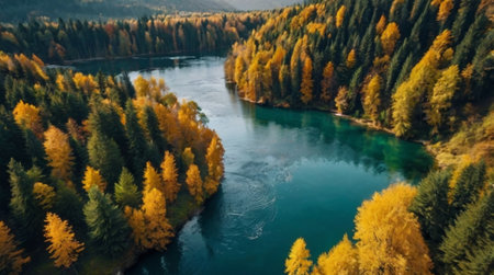 Aerial view of beautiful autumn forest and river. Beautiful nature backgroundの写真素材