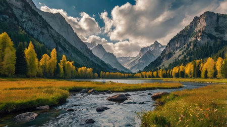 Panorama of a mountain lake in the alps in autumn.の写真素材