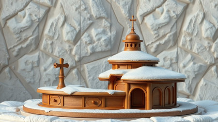 Wooden church in the snow. Christmas background. 3d renderingの写真素材