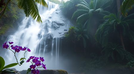 Tropical waterfall with purple orchids in the jungle.の写真素材