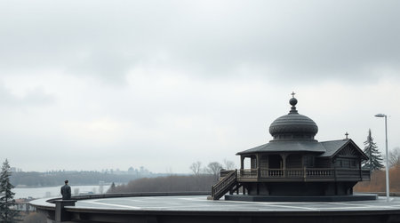 Wooden architecture on a cloudy dayの写真素材