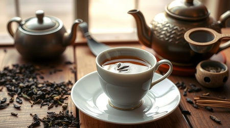 Cup of tea and teapot on wooden table, closeupの写真素材
