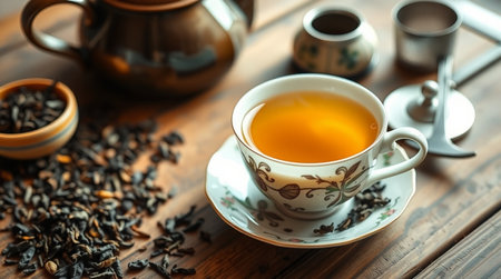 Cup of tea with teapot on wooden table, closeupの写真素材