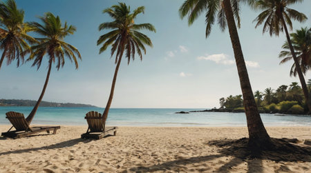 Tropical beach with palm trees and chaise loungesの写真素材