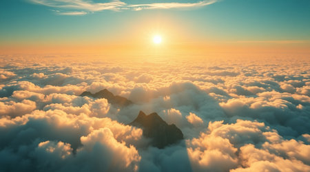 fly above clouds sunset landscape, 3d render illustration design background.の写真素材
