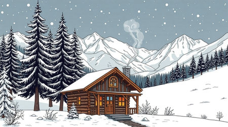 Wooden house in the mountains. Winter landscape. Vector illustration.の写真素材