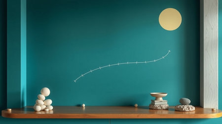 Wooden shelf with zen decoration in the room. 3d renderingの写真素材