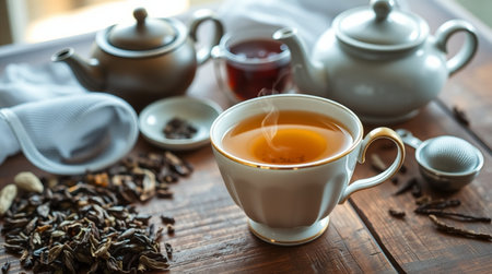 Tea cup and teapot on a wooden table, close upの写真素材