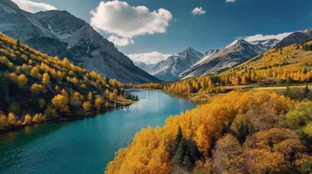 Aerial view of beautiful mountain lake surrounded by colorful autumn forest.の写真素材