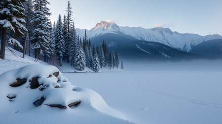 Fantastic winter landscape with snow covered fir trees in the mountains.の写真素材