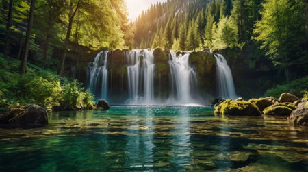 Beautiful waterfall in the mountains. Panoramic view of a waterfall in the mountains.の写真素材