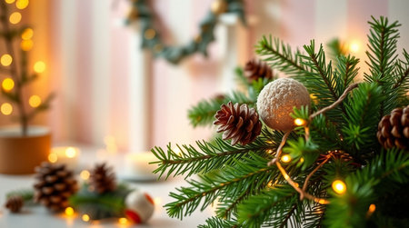 Christmas decoration with fir branches, balls and pine cones on blurred backgroundの写真素材