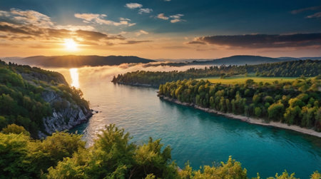 Panoramic view of the river Rhine in Germany at sunsetの写真素材