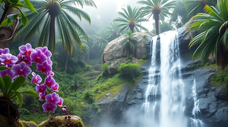 Beautiful waterfall in tropical forest with orchid flowers and palm treesの写真素材