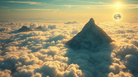sunset over clouds with mountain peak in the background, 3d renderの写真素材