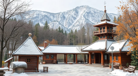 Korean traditional wooden house in the park with mountains in the backgroundの写真素材