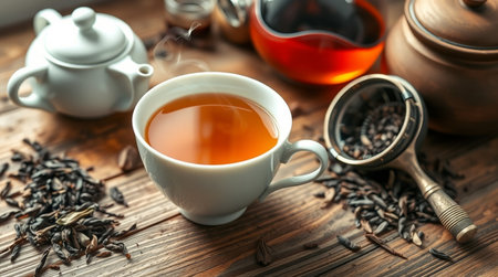 Cup of tea and teapot on wooden table, closeupの写真素材