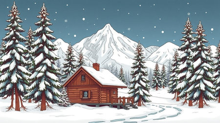 Winter mountain landscape with snow covered fir trees and wooden house. Vector illustration.の写真素材