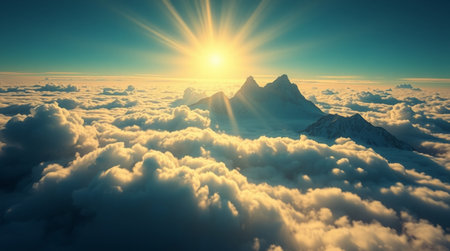 Aerial view above clouds at sunset. 3d rendering illustration.
