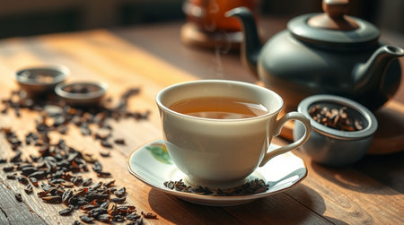 Cup of tea and teapot on wooden table, closeupの写真素材