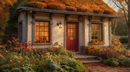 Autumn in the garden of a house with a roof covered with mossの写真素材