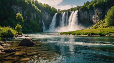 Beautiful waterfall on the river in the mountains. Summer landscape.の写真素材