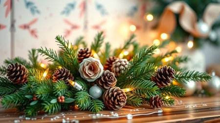 Christmas composition with fir branches, pine cones and lights on wooden background